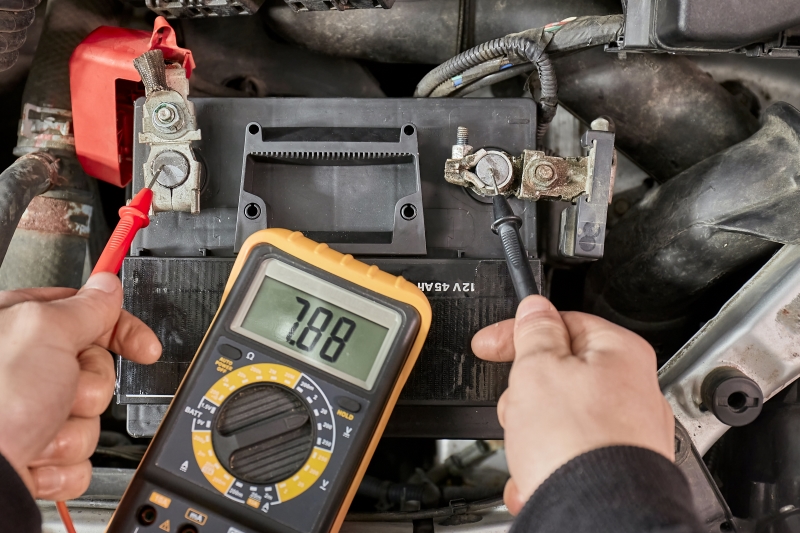 Car starter battery voltage measured with multimeter in a repair garage, bettry dead, time to replace