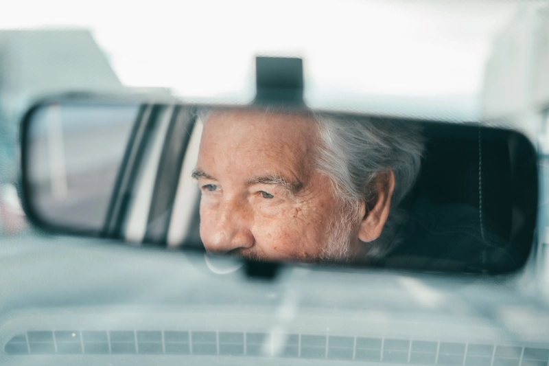 Portrait of one old pensioner man driving and enjoying his new car.