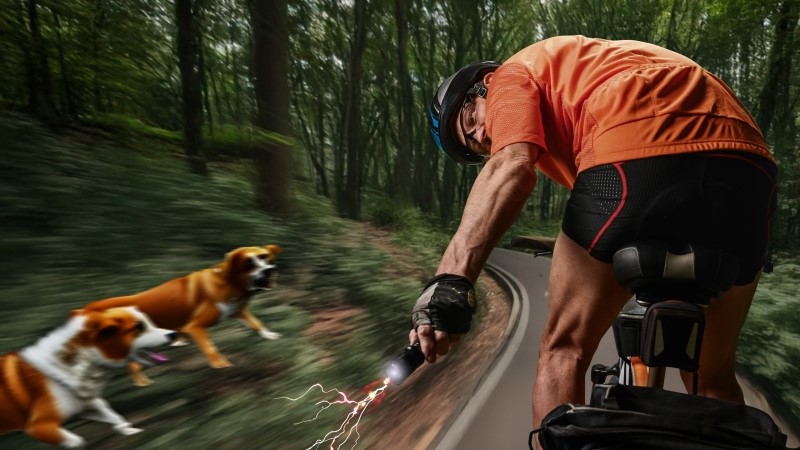 Cyclist on a forest trail with stray dogs nearby, repeller in hand to prevent danger or attack