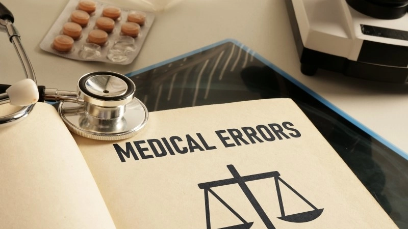 Medical errors are shown using a text in the book and photo of stethoscope
