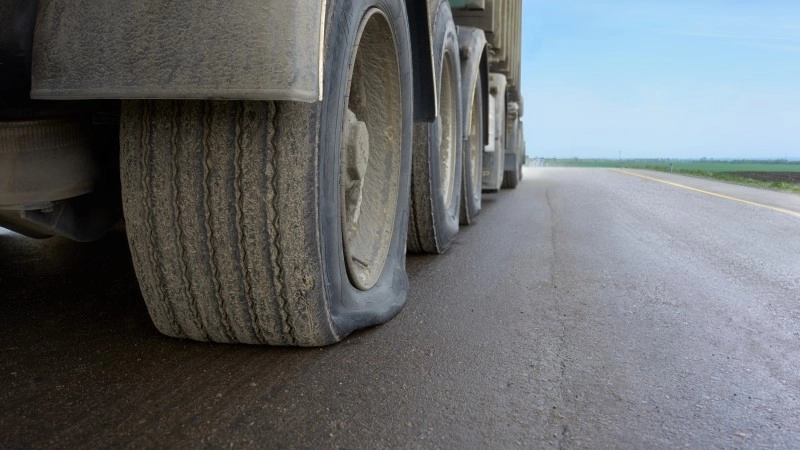 A flat tire on a large truck on a highway. View of a punctured truck wheel.