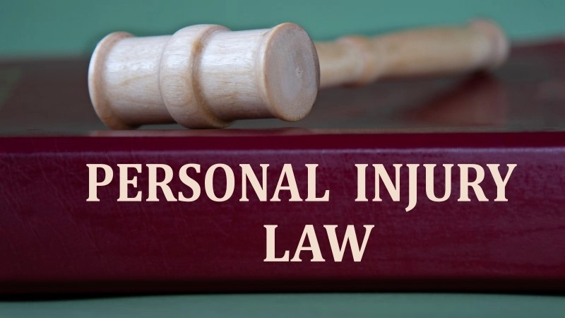 PERSONAL INJURY LAW - words on a burgundy folder on the background of a judge's gavel