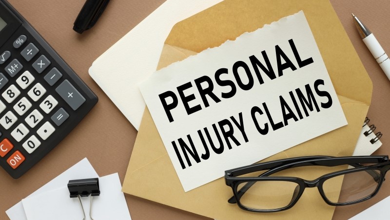 Personal injury claims calculator glasses top view. text on paper on an envelope