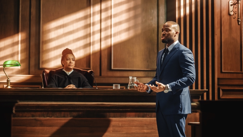 African American Attorney Lawyer Protecting Client's Innocents with Supporting Argument.