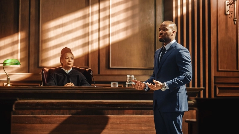 African American Attorney Lawyer Protecting Client's Innocents with Supporting Argument.