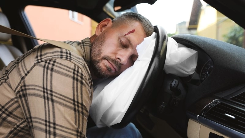 Unconscious man with head injury on airbag in automobile after car accident