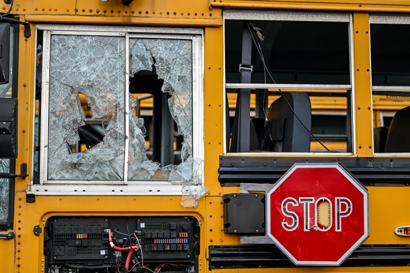 close up of broken school bus windows