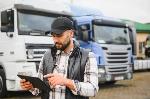 Sarasota Truck Driver Reviewing Federal Regulations on Tablet