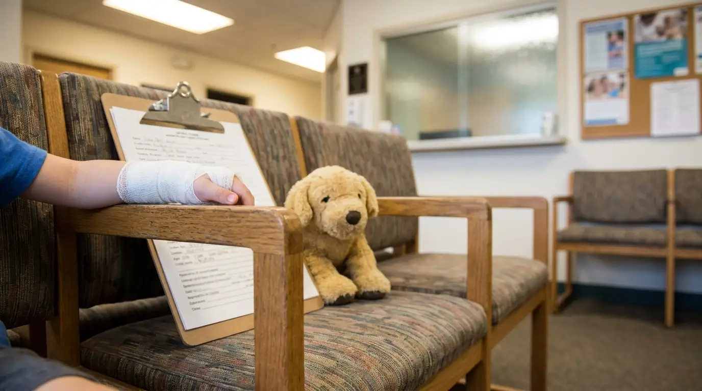 child with bandaged hand holding medical clipboard beside stuffed animal in waiting room