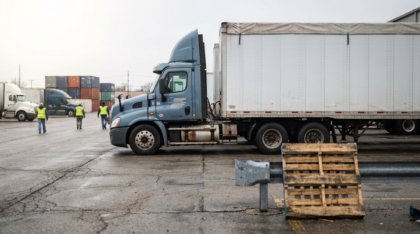 semi-truck with trailer parked at commercial freight yard with workers in safety vests