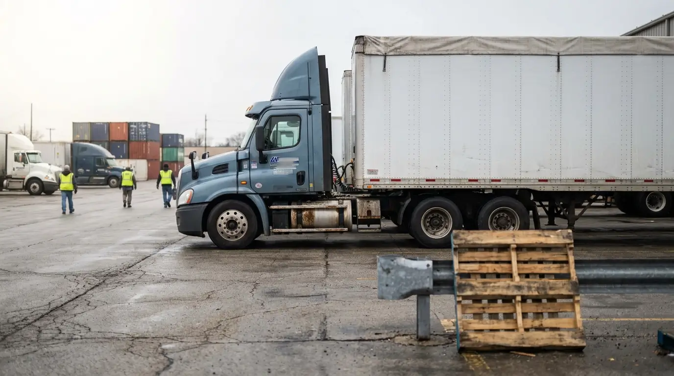 semi-truck with trailer parked at commercial freight yard with workers in safety vests