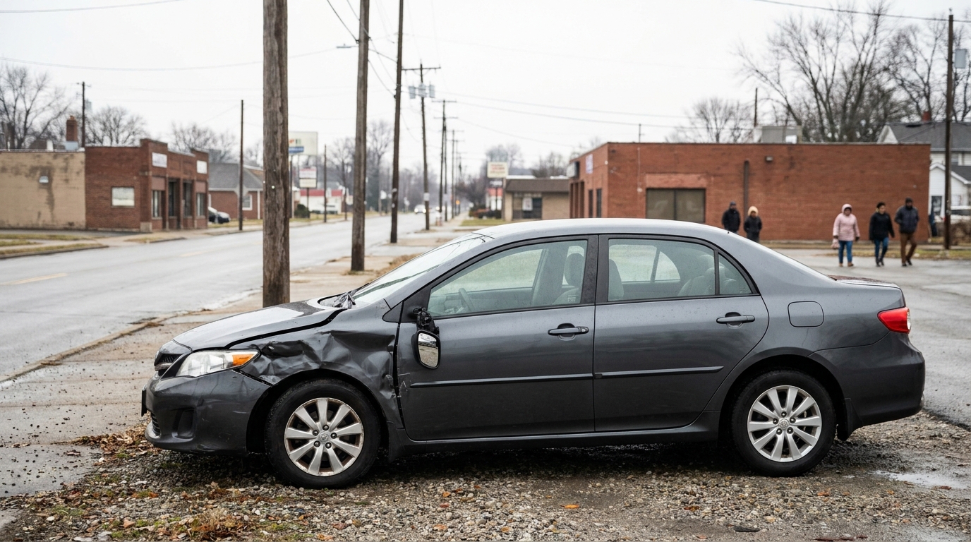 sedan with severe front-end collision damage parked on urban street corner