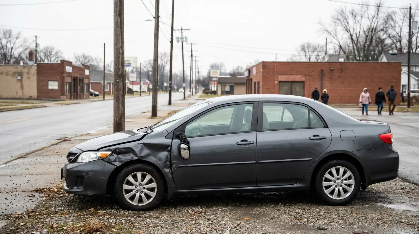 sedan with severe front-end collision damage parked on urban street corner