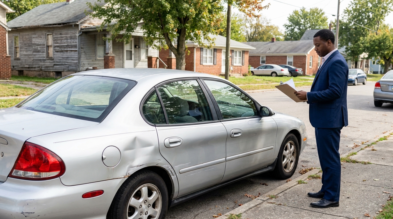 suited professional holding clipboard inspecting dented sedan parked on residential street