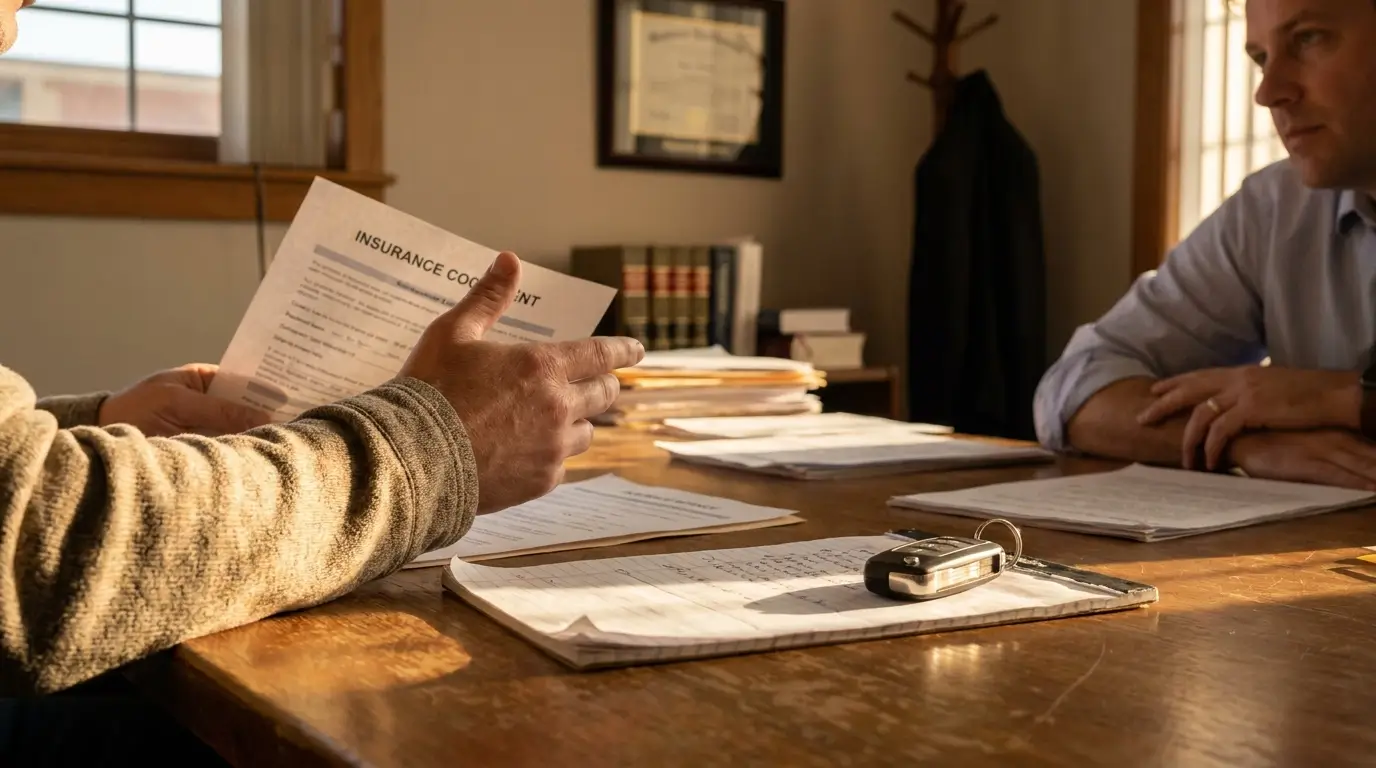 person holding insurance document across desk from attorney with car keys visible