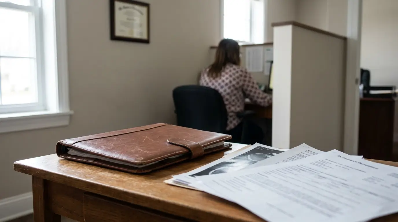 leather portfolio and insurance documents on wooden desk in law office