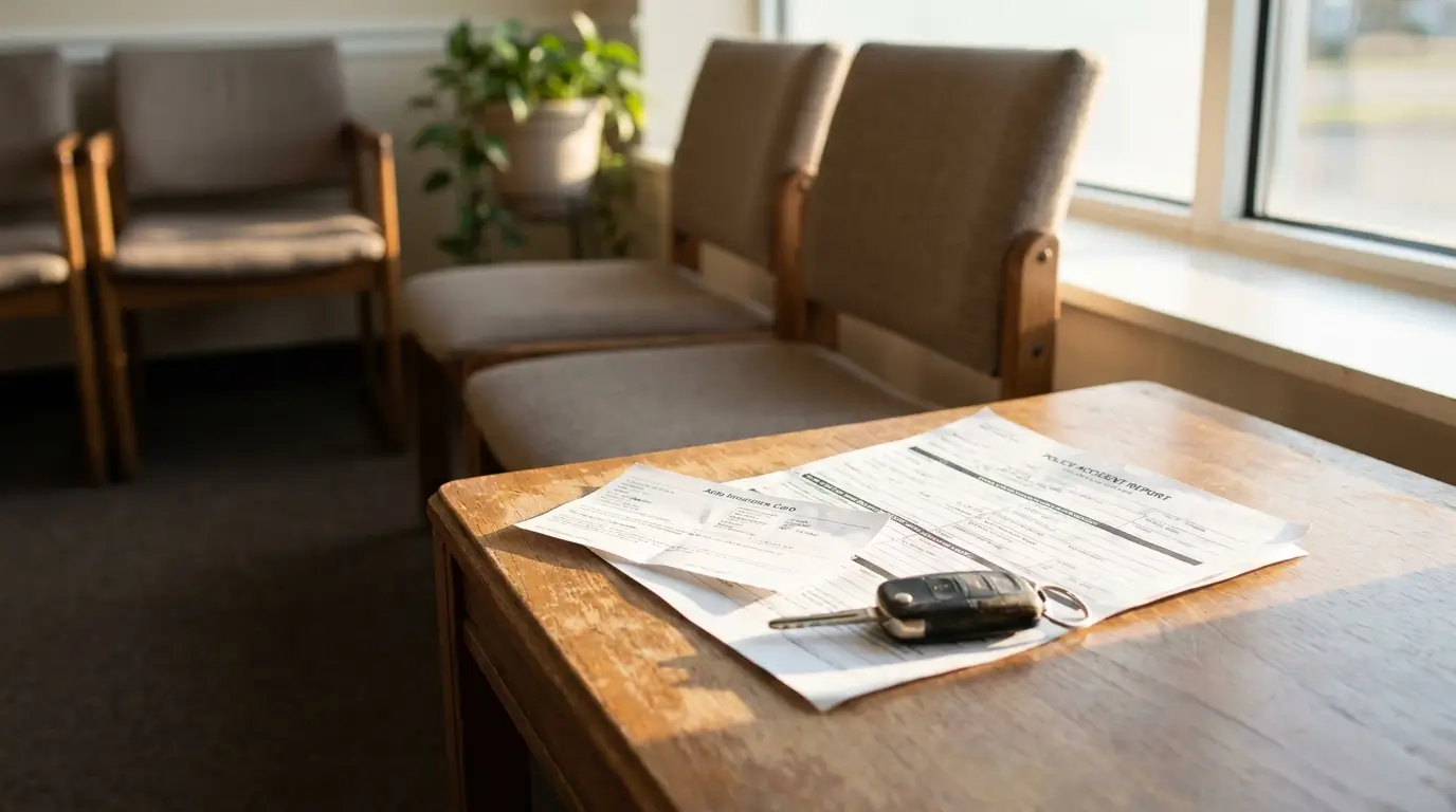 Dayton Car Accident Report and Insurance Documents Police accident report, auto insurance card, and car key on waiting room table