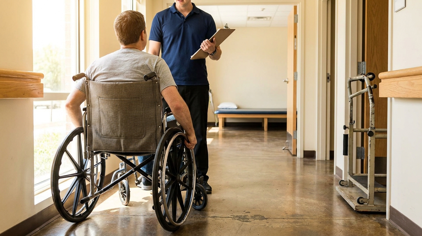 medical professional holding clipboard speaking with wheelchair patient in rehabilitation hallway