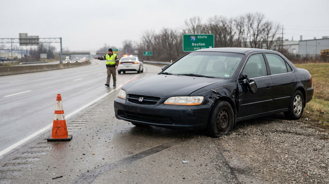 damaged Honda sedan on highway shoulder near I-75 South Dayton sign with officer and traffic cone