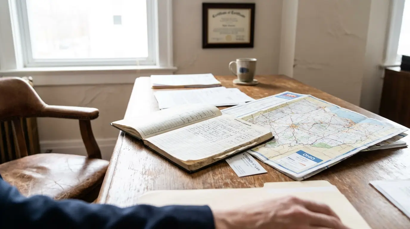 attorney at law business card beside Ohio road map and open ledger on wooden desk