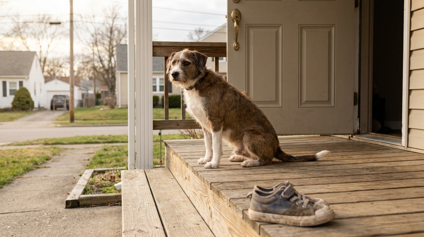 medium-sized dog sitting on wooden front porch beside worn sneakers near open door