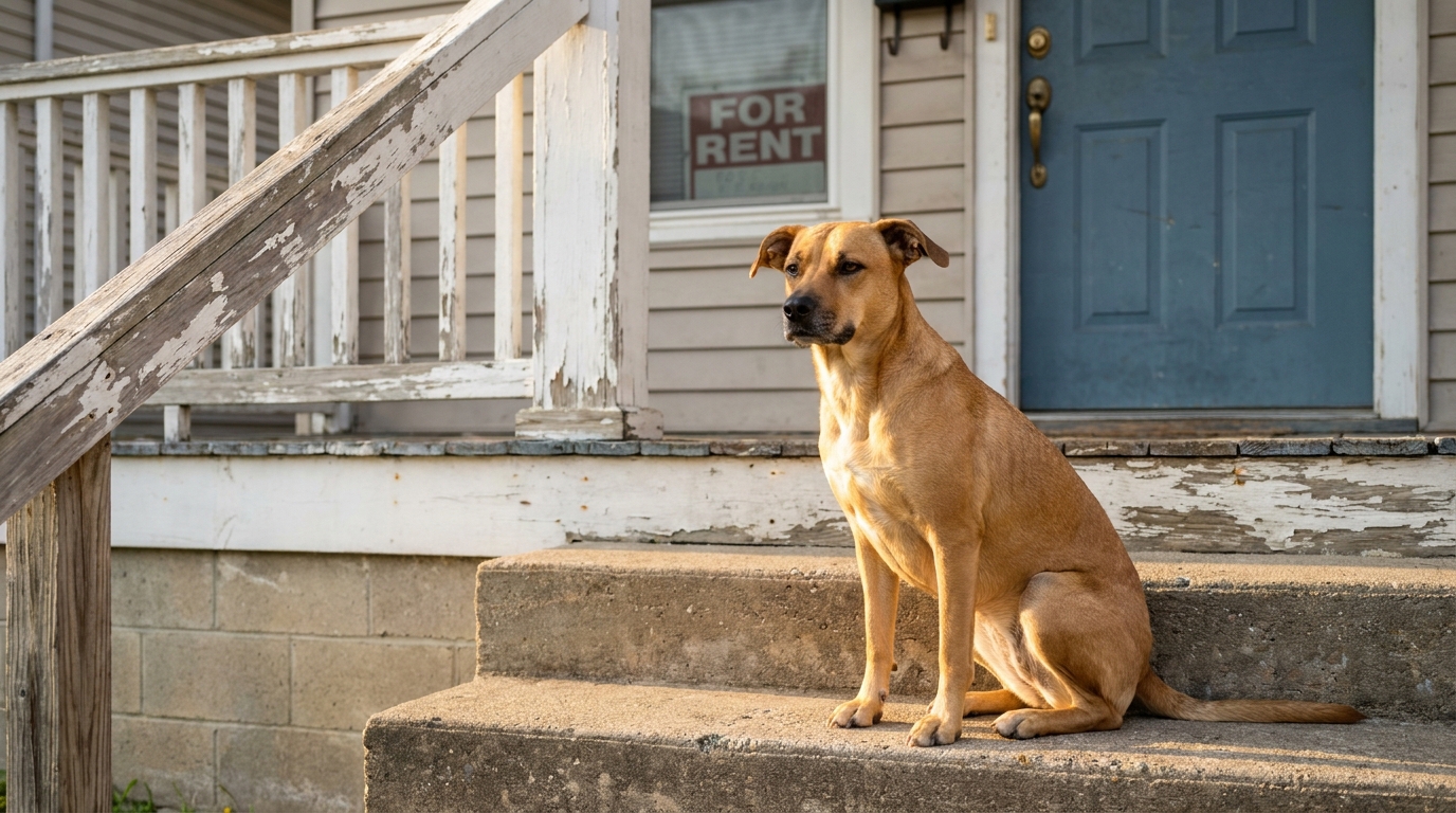 dog sitting on concrete steps outside rental property with For Rent sign