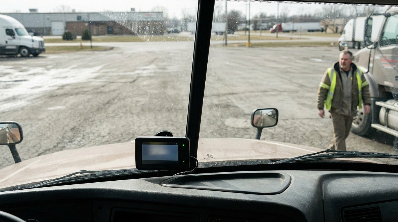 truck cab dashboard with mounted device and worker in safety vest outside