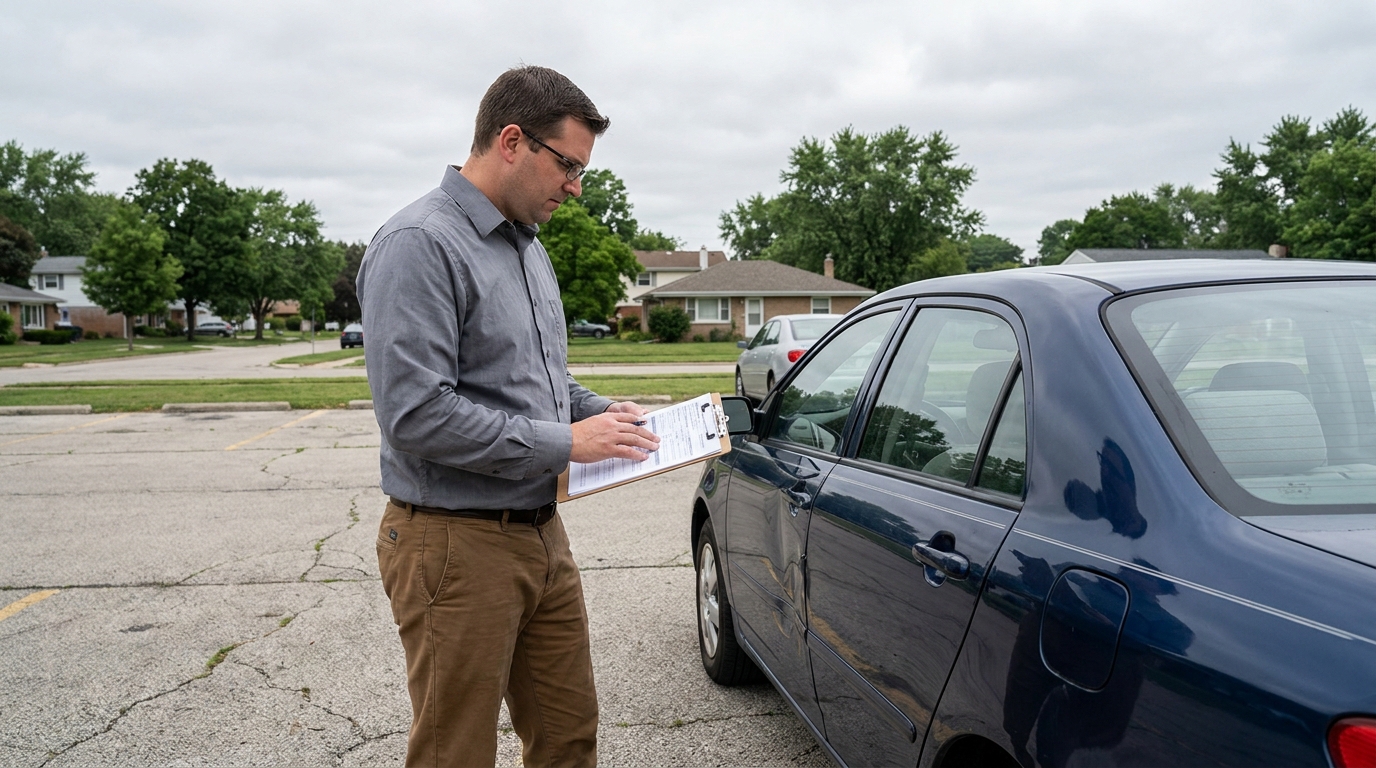 man writing on clipboard while inspecting sedan in parking lot