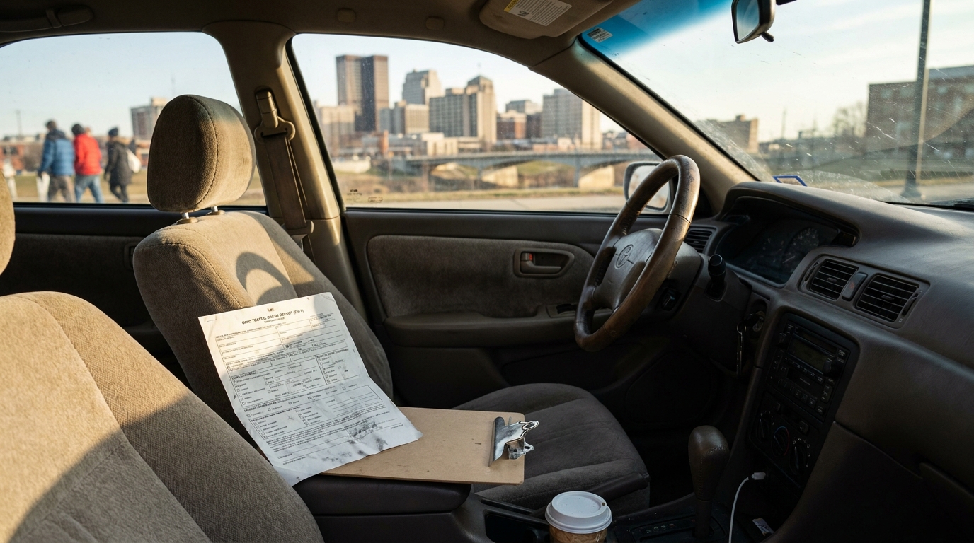 Ohio Traffic Crash Report form on clipboard resting on car passenger seat