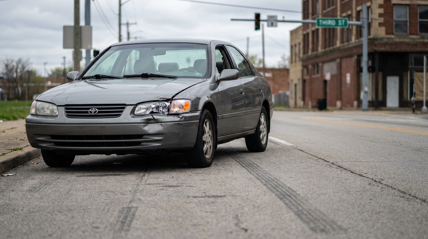 Toyota sedan with front-end collision damage stopped at urban street intersection