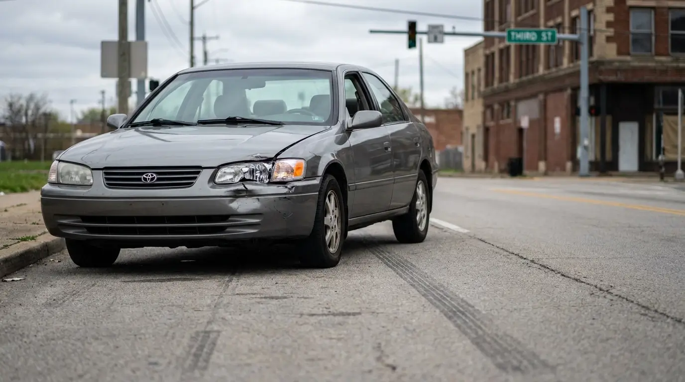 Toyota sedan with front-end collision damage stopped at urban street intersection