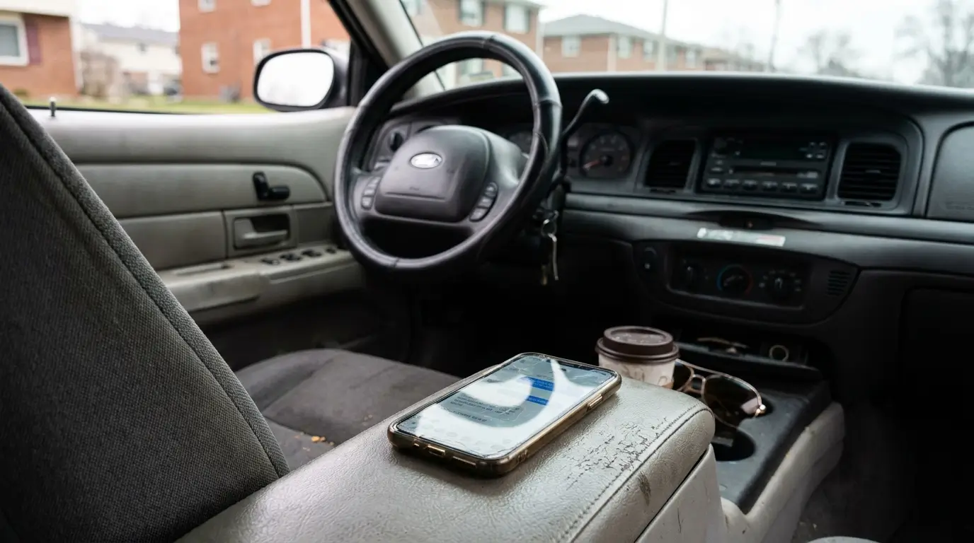 smartphone resting on car armrest beside steering wheel with keys in ignition