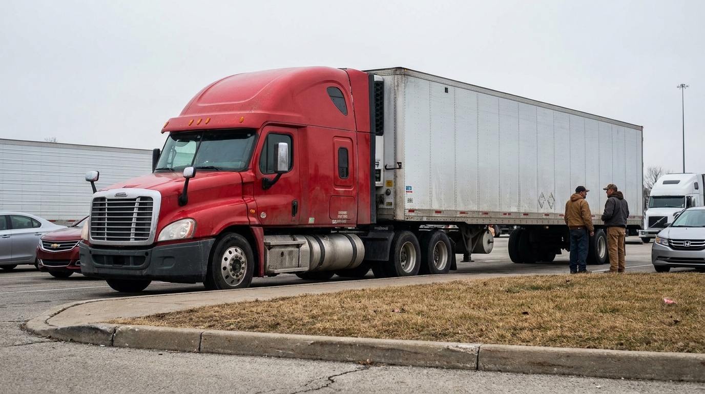 large semi-truck with trailer parked in lot with two men standing nearby