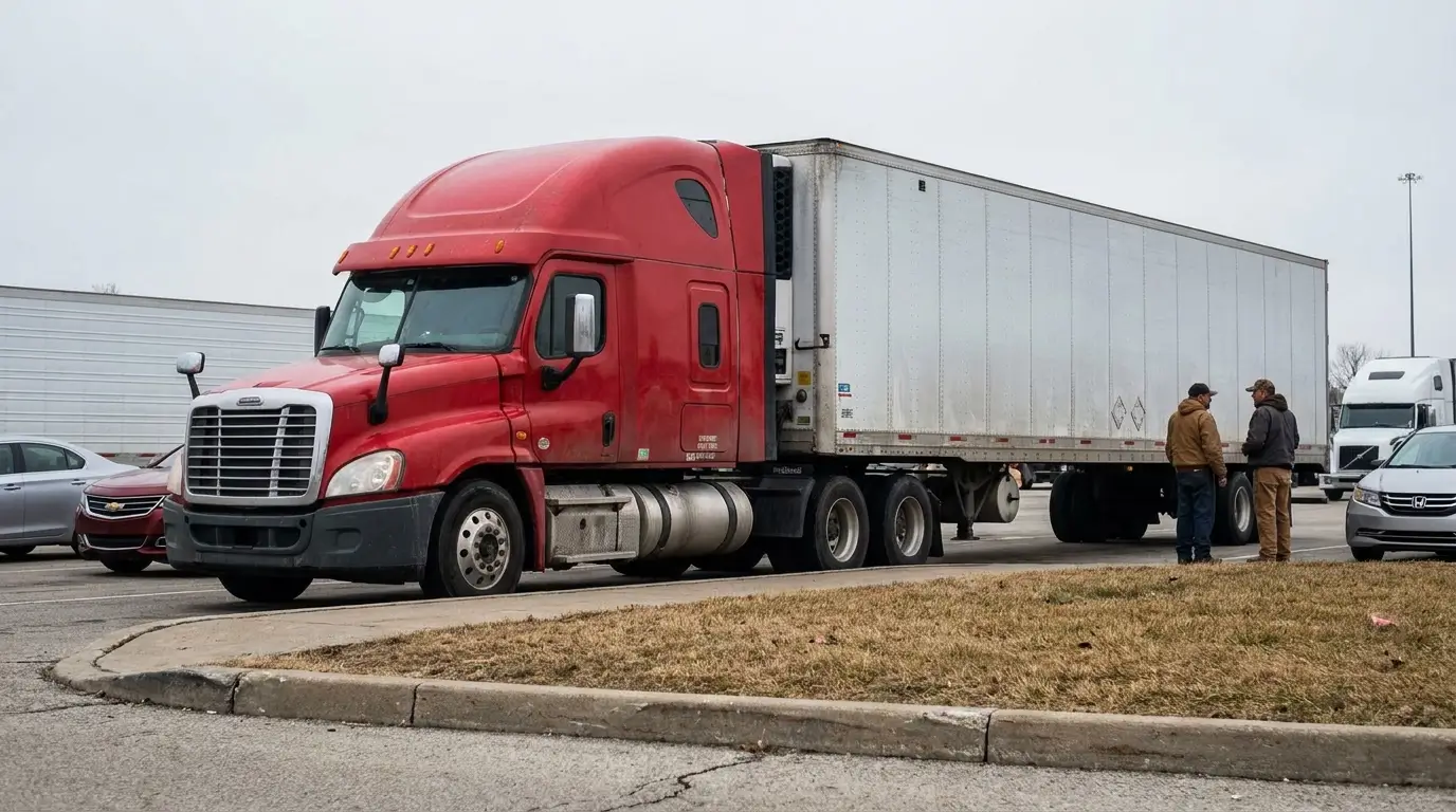 large semi-truck with trailer parked in lot with two men standing nearby