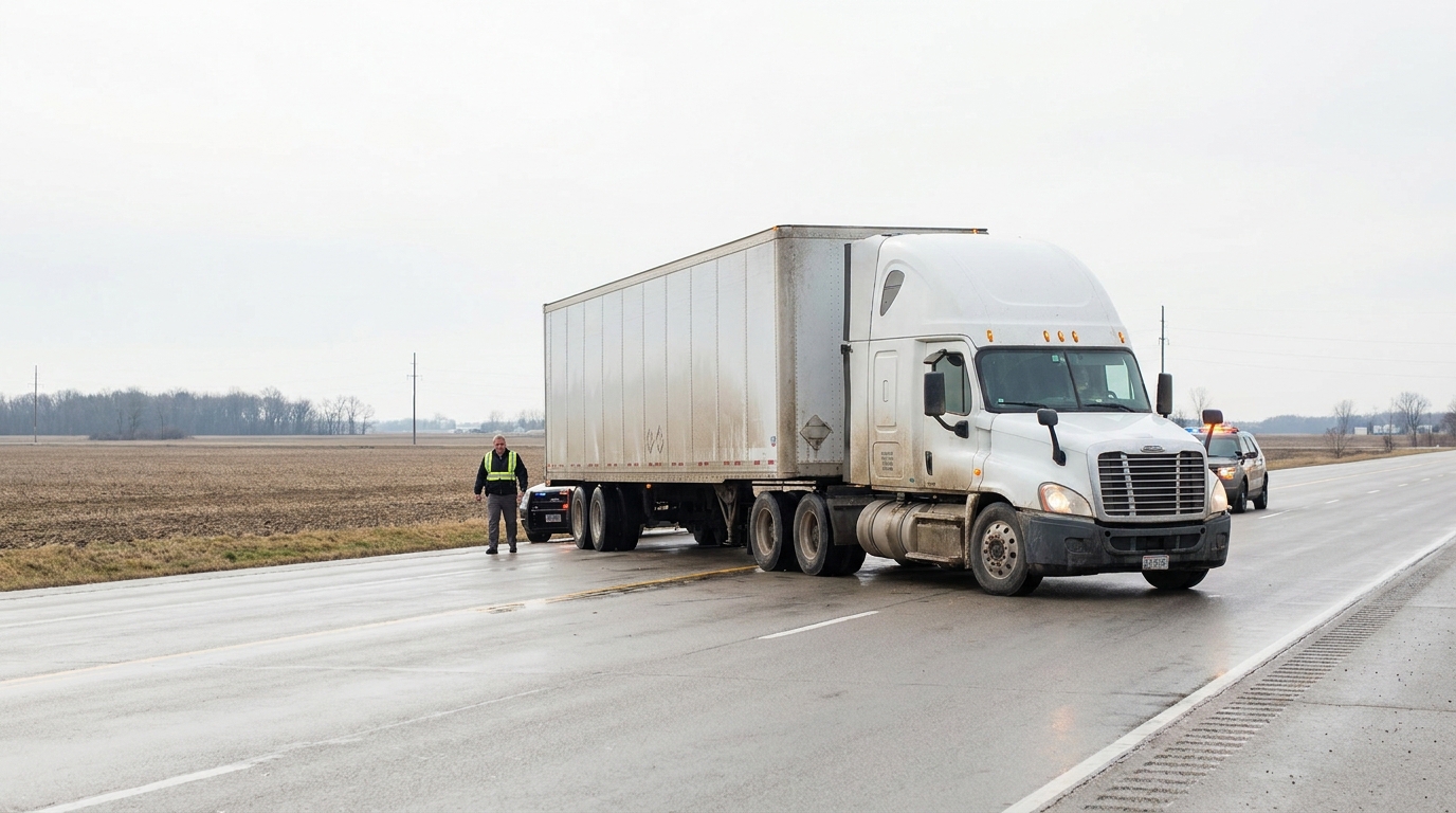 semi-truck stopped on rural highway with officer in safety vest nearby