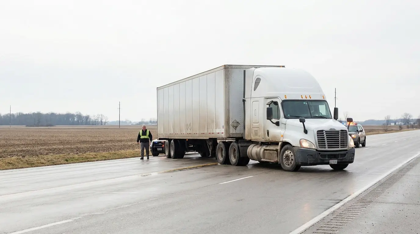 semi-truck stopped on rural highway with officer in safety vest nearby
