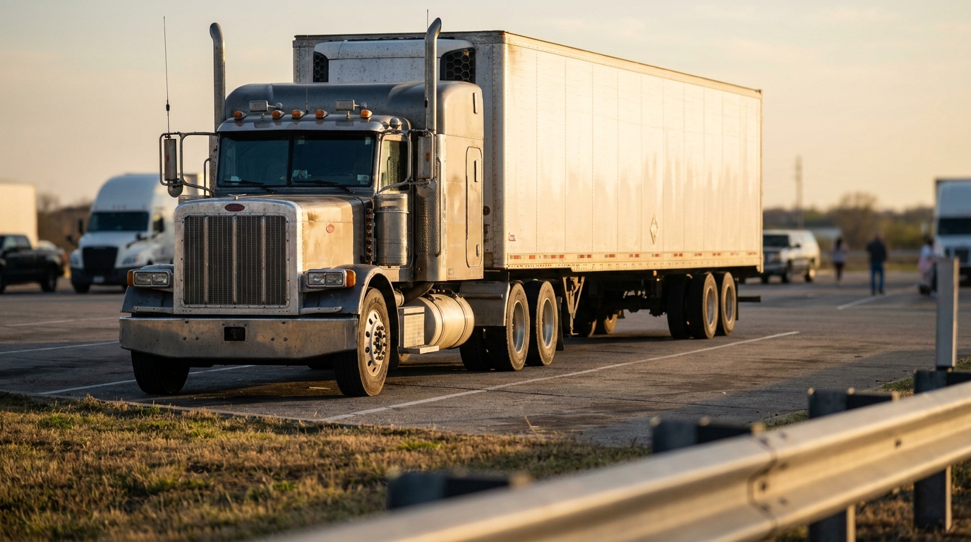 large semi-truck with full trailer navigating commercial truck stop parking area
