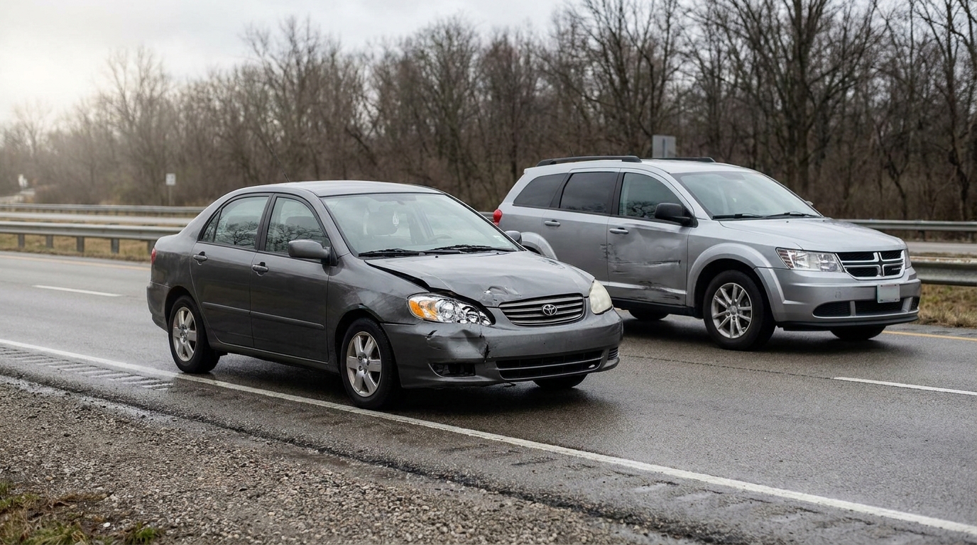 Toyota sedan with front-end collision damage beside dented SUV on wet highway