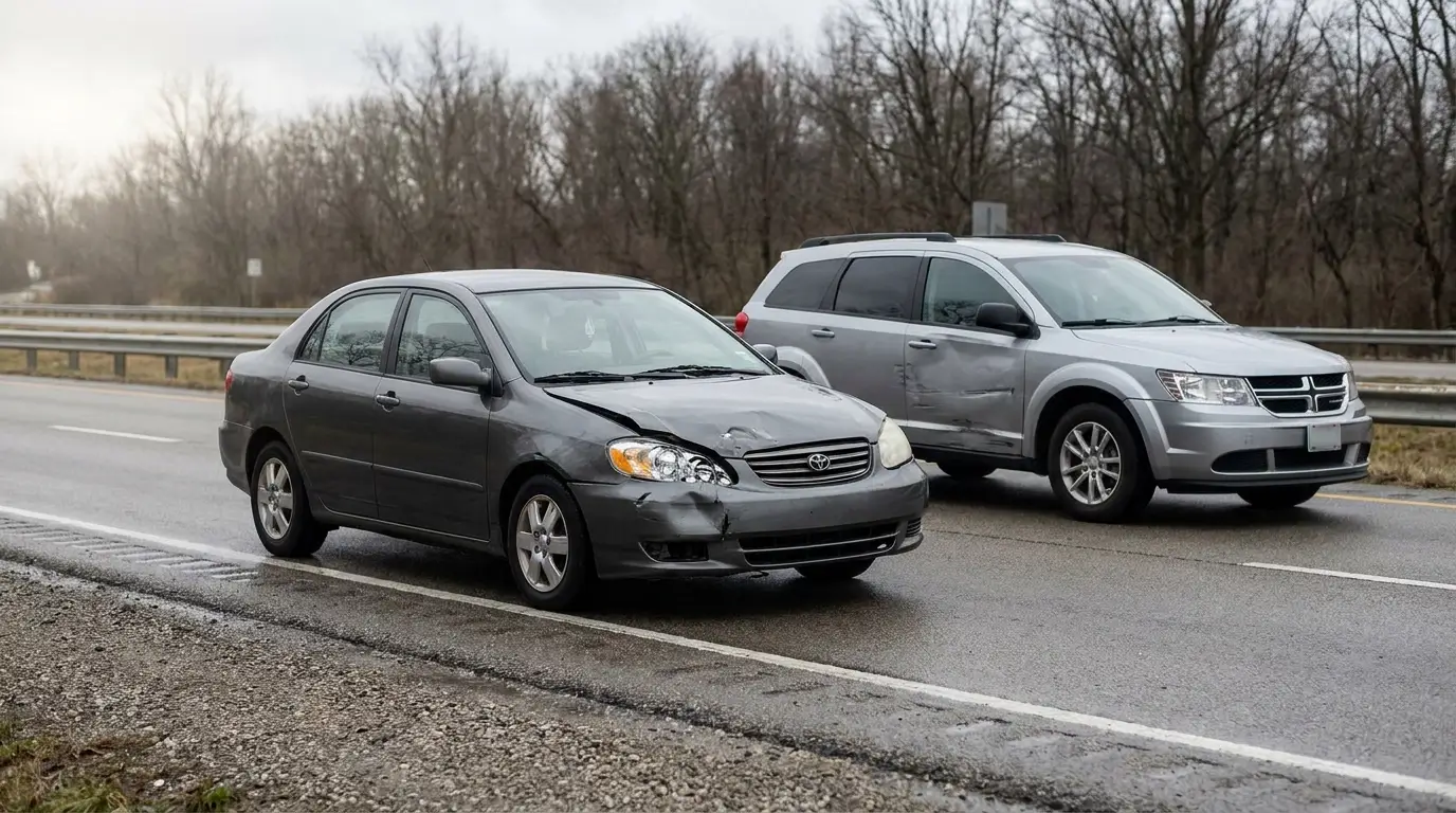 Toyota sedan with front-end collision damage beside dented SUV on wet highway