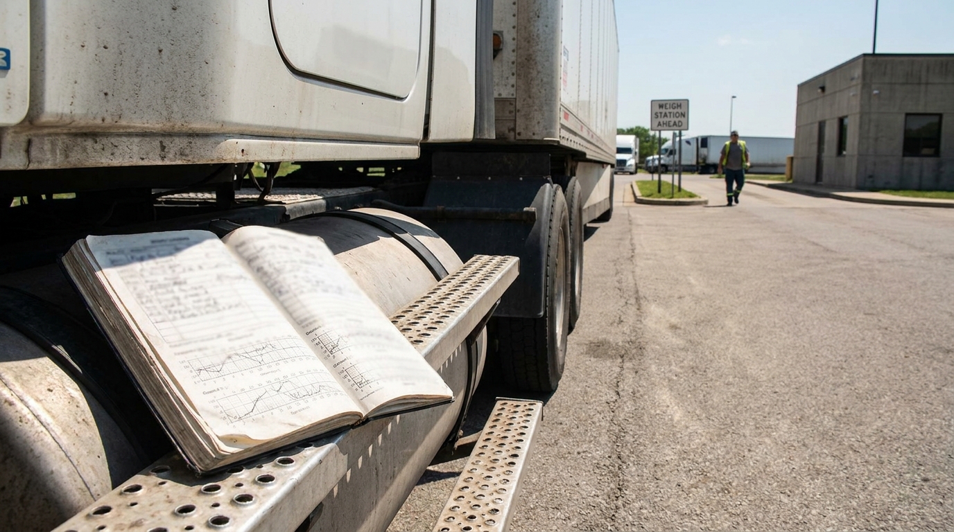 open driver logbook on semi-truck step near Weigh Station Ahead sign
