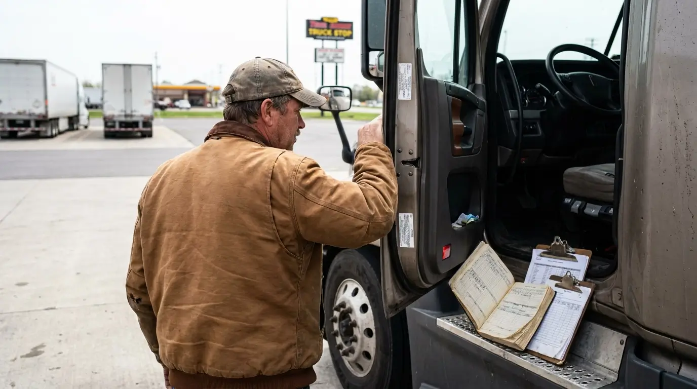 truck driver standing beside open cab door with logbook and clipboard on step