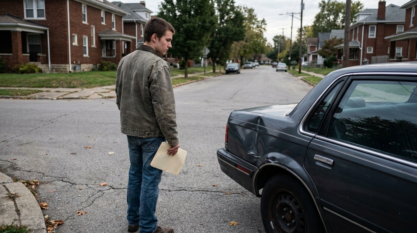young man holding document examining dented car parked on residential street