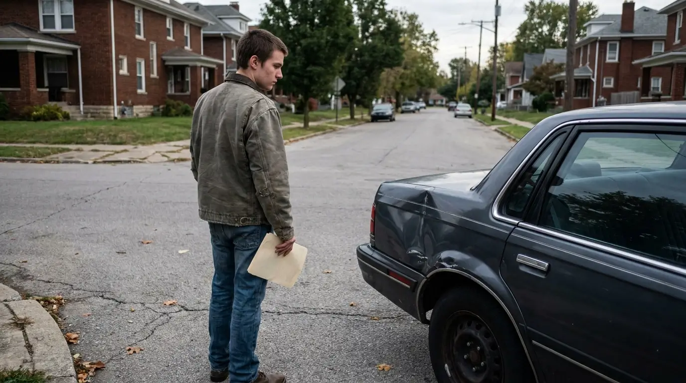 young man holding document examining dented car parked on residential street