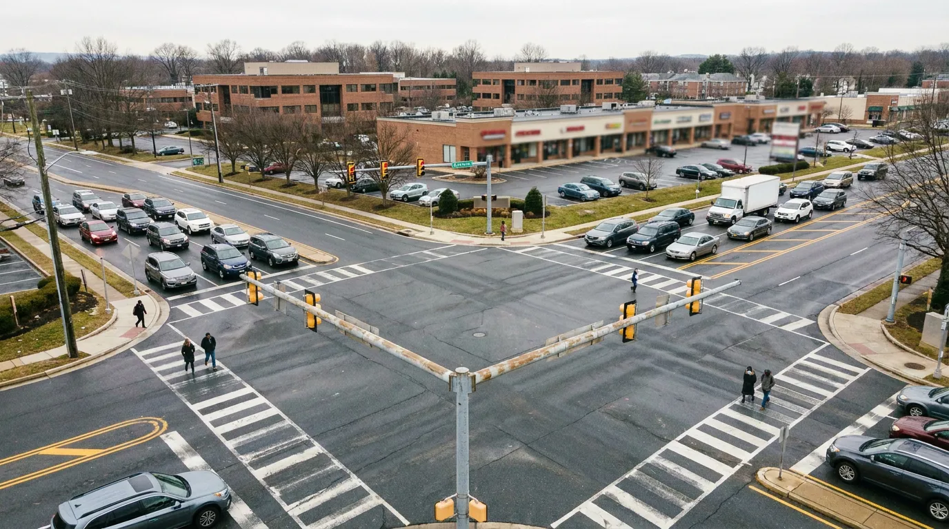 aerial view of busy suburban intersection with pedestrians crossing marked crosswalks