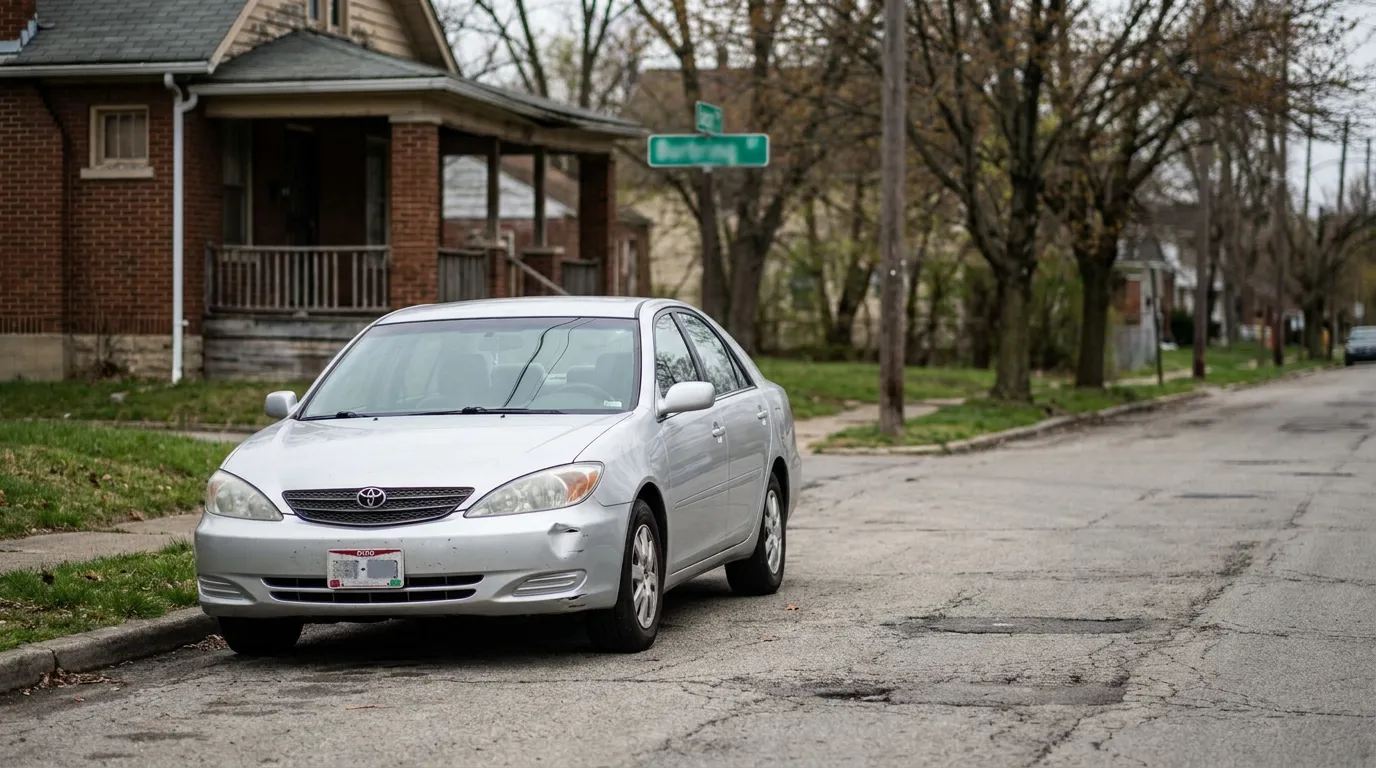 Toyota sedan with visible front bumper dent parked on residential street corner