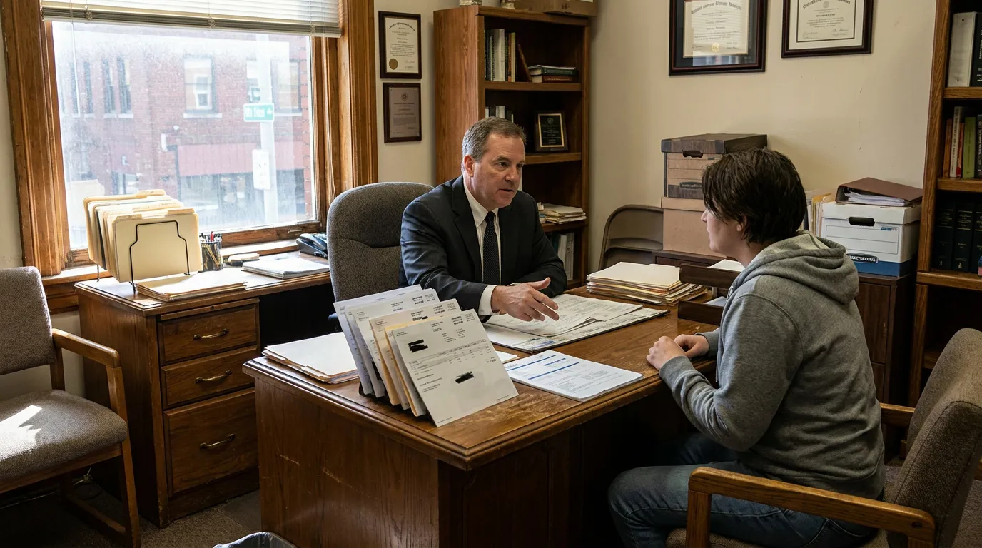 attorney in suit consulting with client across desk covered in legal documents