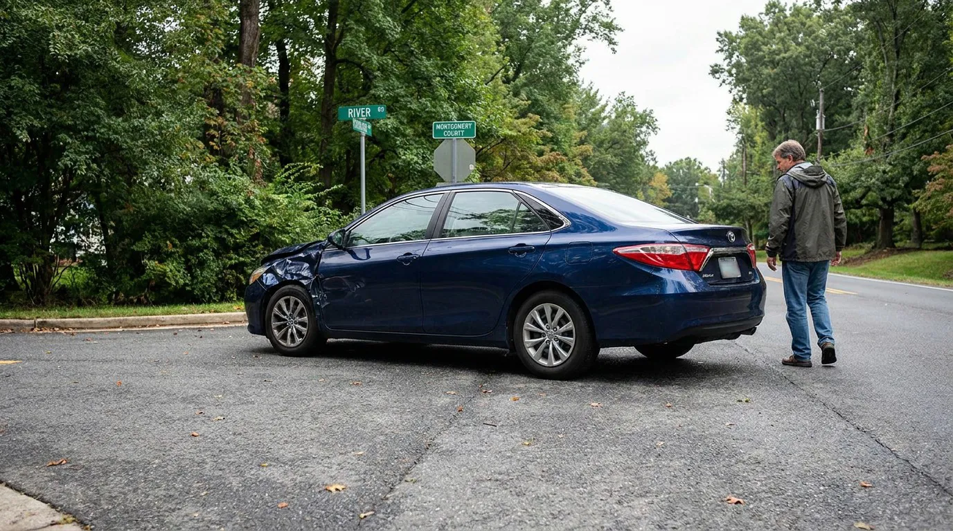 man inspecting sedan with visible front-end collision damage at street intersection