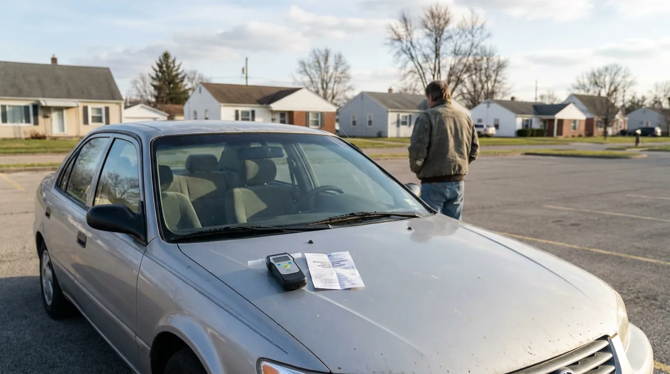 breathalyzer device and document resting on sedan hood with man standing nearby