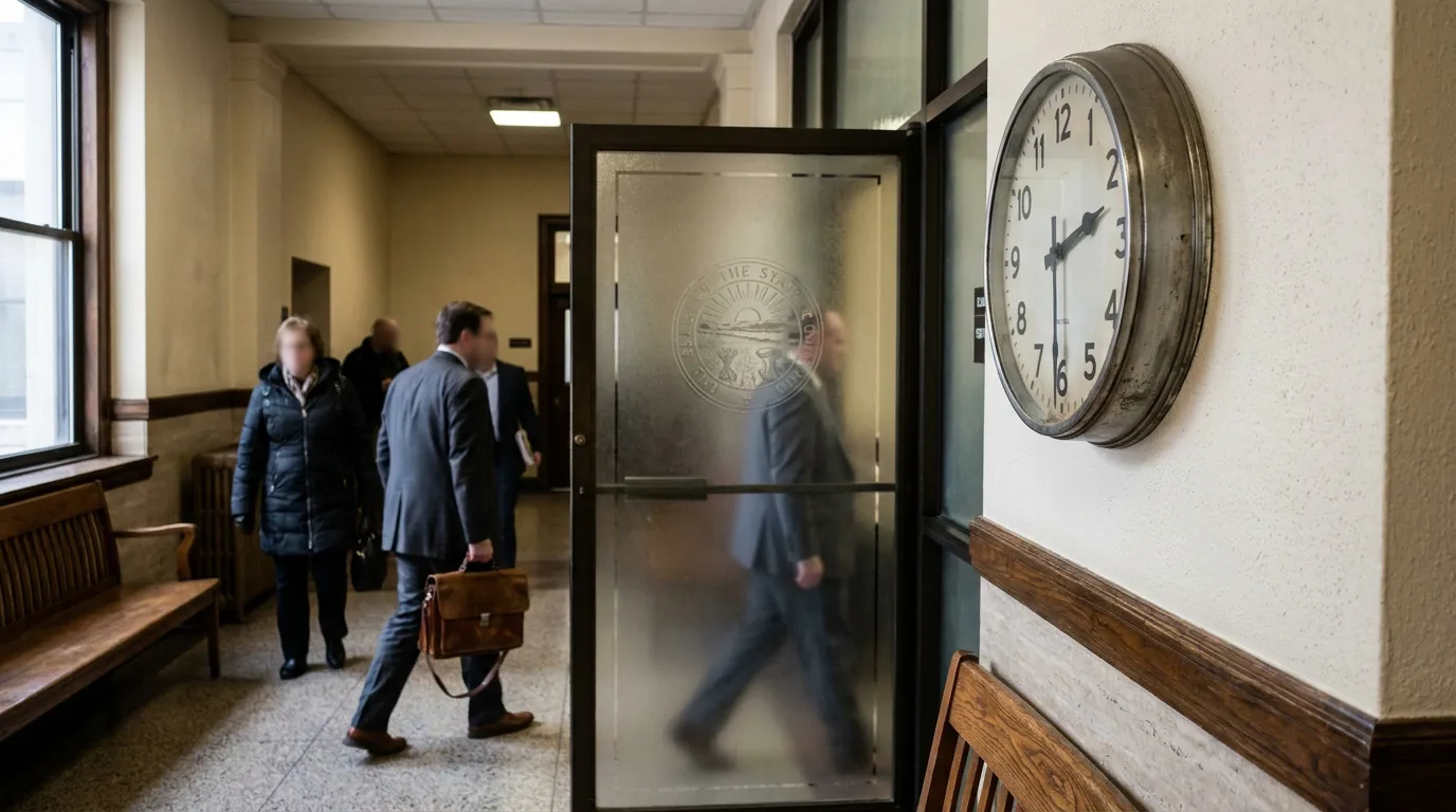 attorney carrying briefcase entering courthouse hallway past frosted glass seal door