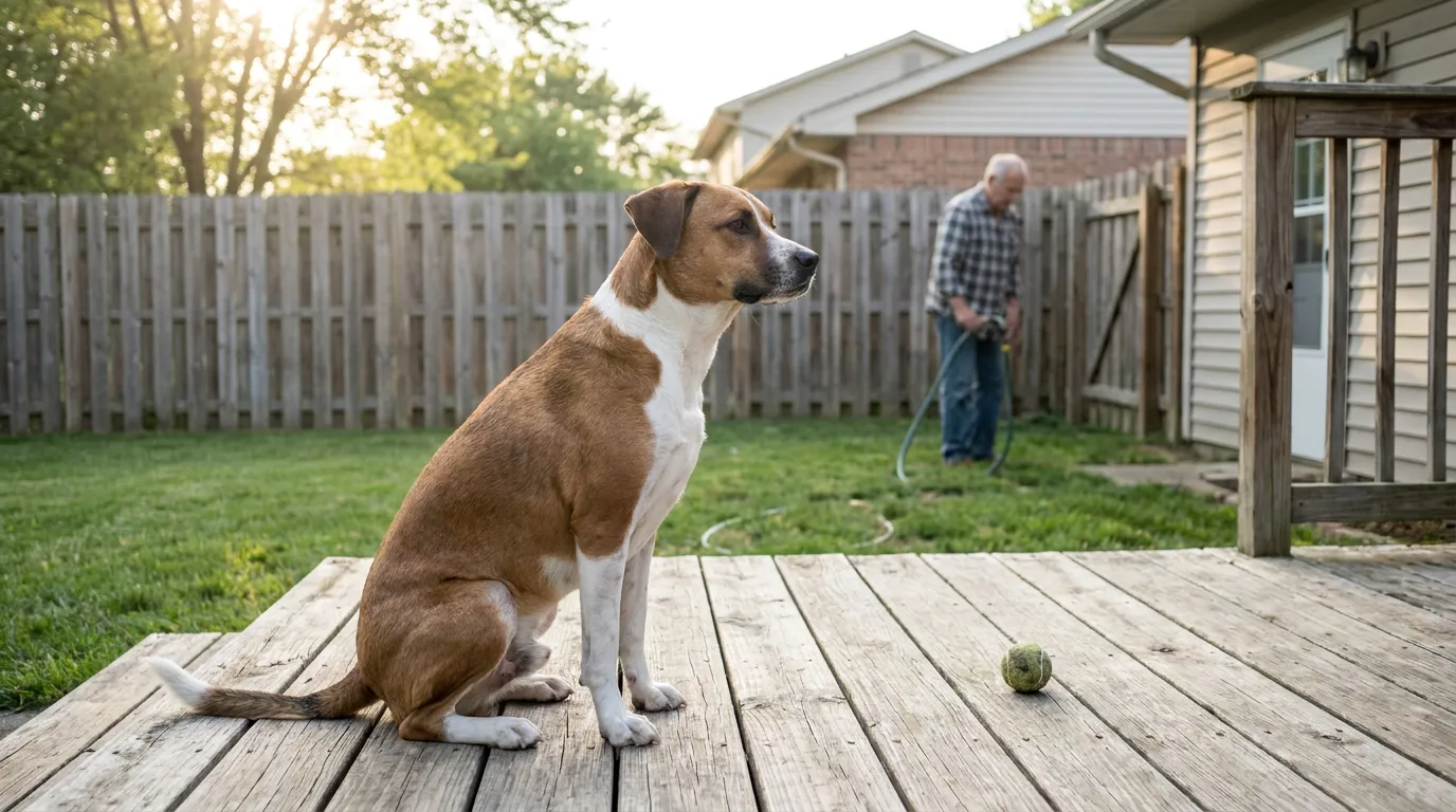 dog sitting on wooden deck with tennis ball while man tends backyard